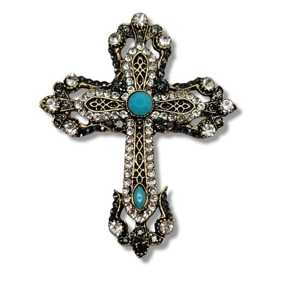 Gold tone multicolor Crystal Cross Brooch Pendant - Picture 2 of 6